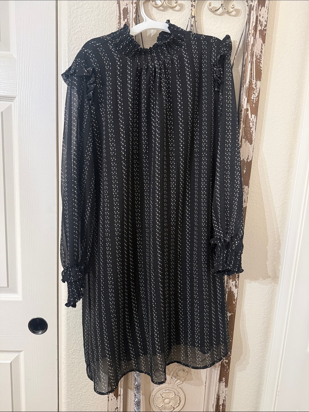Black Long-Sleeve Smocked Neck Shift Dress